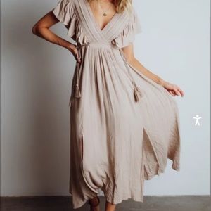 Jennifer deep v maxi dress in sand color